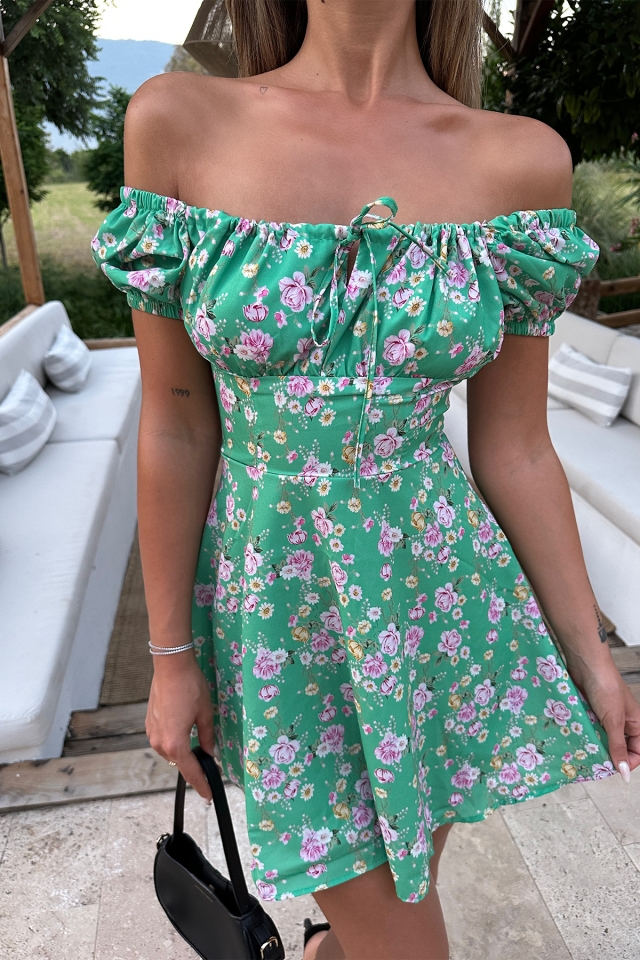 Yeşil Çiçek Desen Bağlamalı Elbise ATE7261 - 2