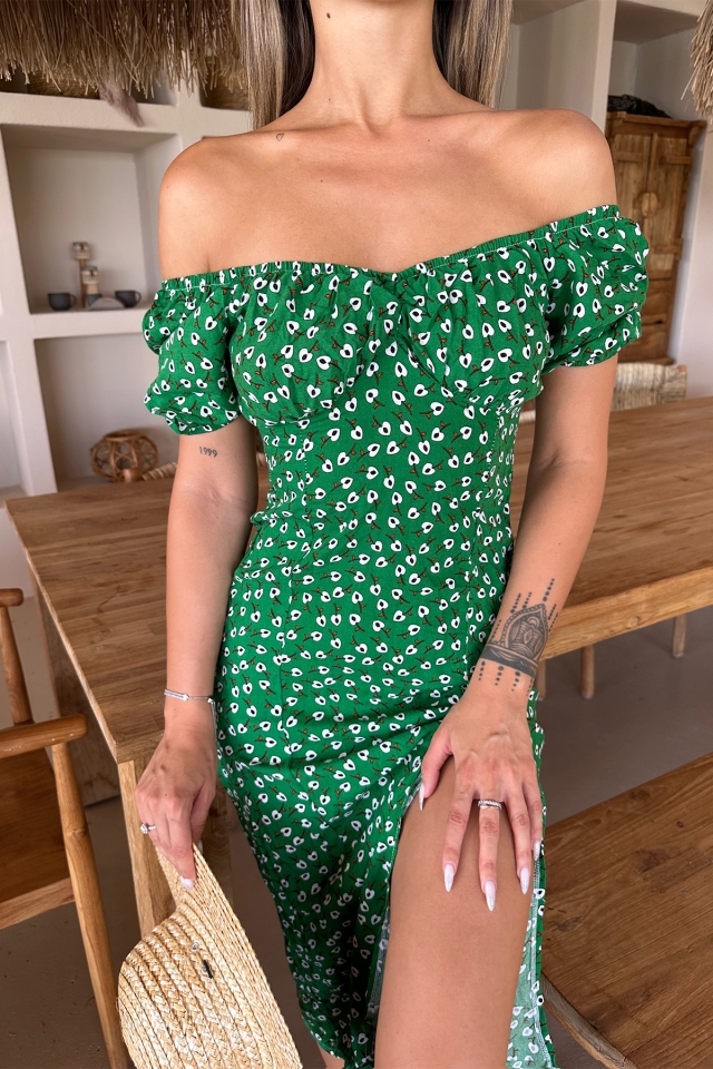 Yeşil Derin Yırtmaçlı Elbise ATE7503 - 2