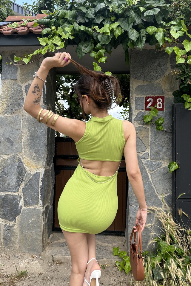 Yeşil Fitilli Mini Elbise ATE7337 - 3