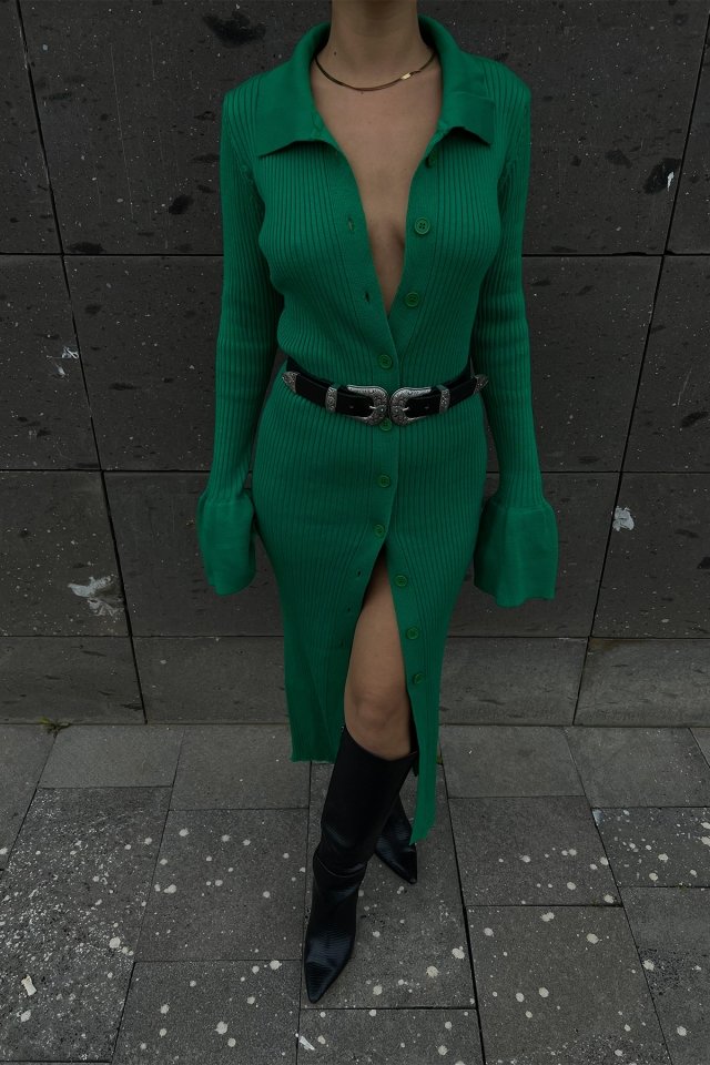 Yeşil Gömlek Yaka Triko Elbise ATE2468 - 2