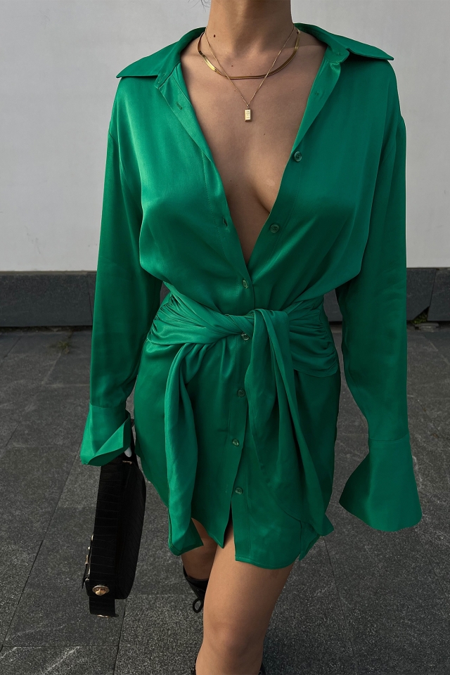 Yeşil Gömlek Yaka Saten Elbise ATE2365 - 2
