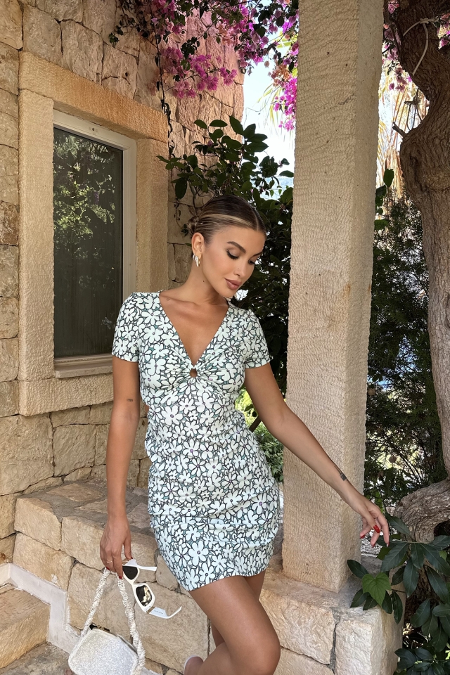 Yeşil Halka Detay Çiçekli Mini Elbise ATE7817 - 3