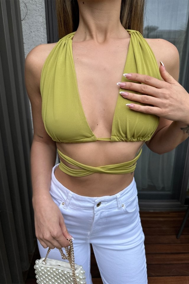 Yeşil Sırt Detay Bağlamalı Crop Top ATE6209 - 2